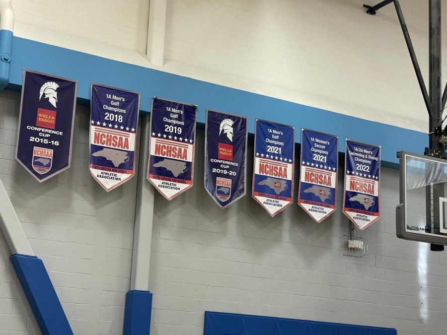 The banners hanging in the gym are just one of reminders of Spartan  athletic spirit.