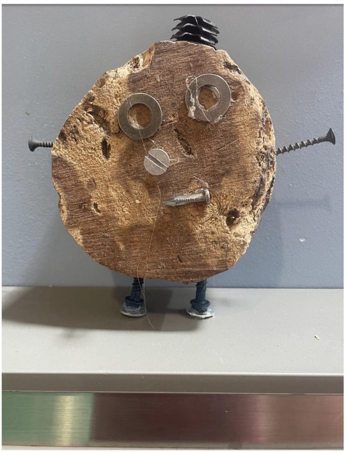 One thing that makes the halls of CSD unique is that student art work is always on display. In this piece atop the water fountain in the arts commons, a smiling face is crafted out of screws and a circular piece of wood. The hat is even made from scrap metal. 
