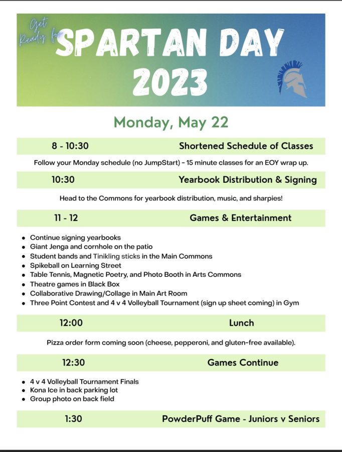 The schedule for Spartan Day 2023 includes a full day of end of year, academics, food, games, and lots of fun.