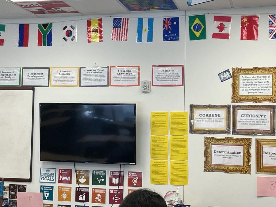 The flags that surround the World History classroom serve as a reminder that the world Is open for student travel, especially during summer.
