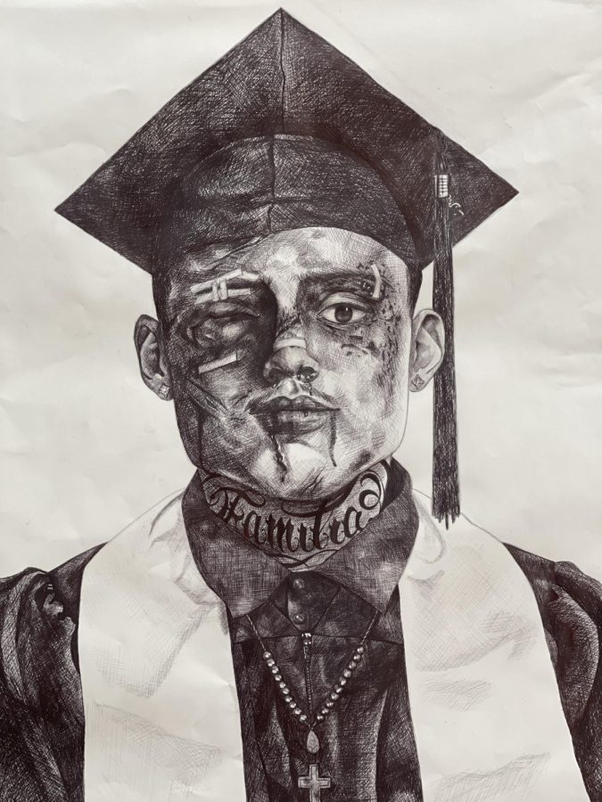 “The story behind my art is to showcase the stories of Hispanic Americans. Being Hispanic is a big part of my life and something I care about deeply.,” said Joel Rodriguez (‘23). “ all my pieces are done with ballpoint pen, I chose this medium, because I enjoy the texture and depth it presents.” This drawing shows what really happens while trying to achieve the “American Dream.”