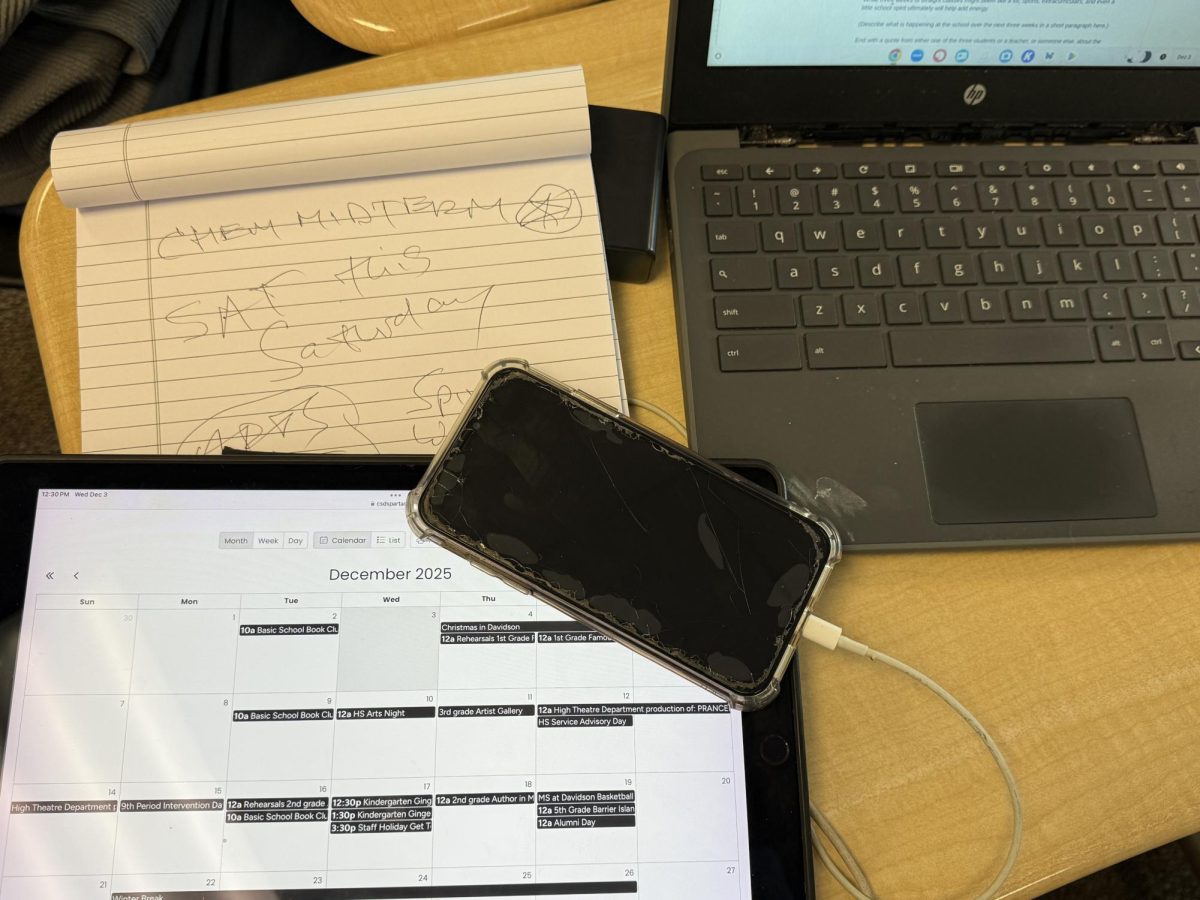 A student’s desk shows the three weeks between Thanksgiving and winter break mean a full, busy schedule with everything from academics and extracurriculars to an SAT for some. 