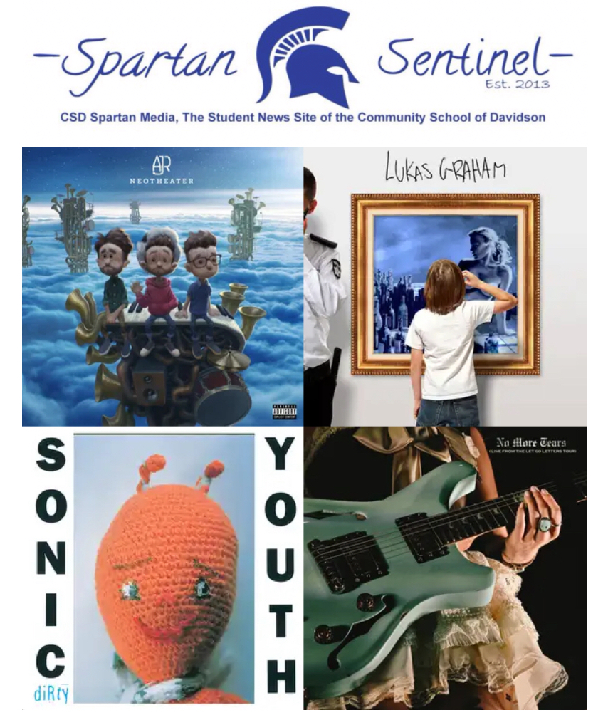 CSD seniors share a playlist worth listening to every day as the second half of the year moves along. Top left, Neotheater’s AJR album cover by AJR Productions. Top right, Luke’s Graham cover by Copenhagen Records. Bottom left, Sonic Youth cover by DGC Records. Bottom right, No More Tears cover by Warner Records Nashville.