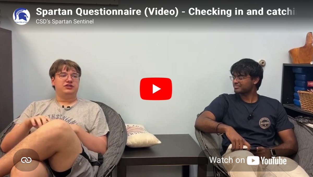 The Spartan Sentinel’s first digital Spartan Questionnaire is live. Journalists Akhilan Kumaran (‘26) and Elena Cunningham (‘27), behind camera, check in with Brewster Morris (‘26). CSD Journalism staff image.